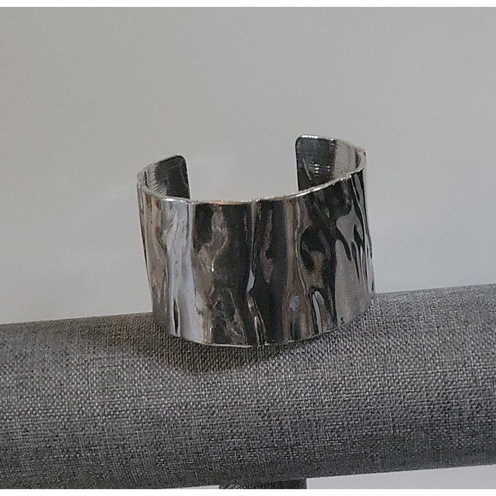 Silver Hammered Textured Wide Cuff Bracelet Brutalist Statement Size M Gorpcore